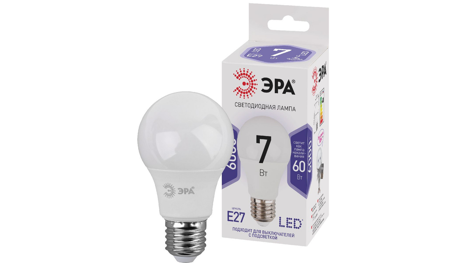 Лампа светодиодная Эра E27 7W 6000K LED A60-7W-860-E27 Б0044087