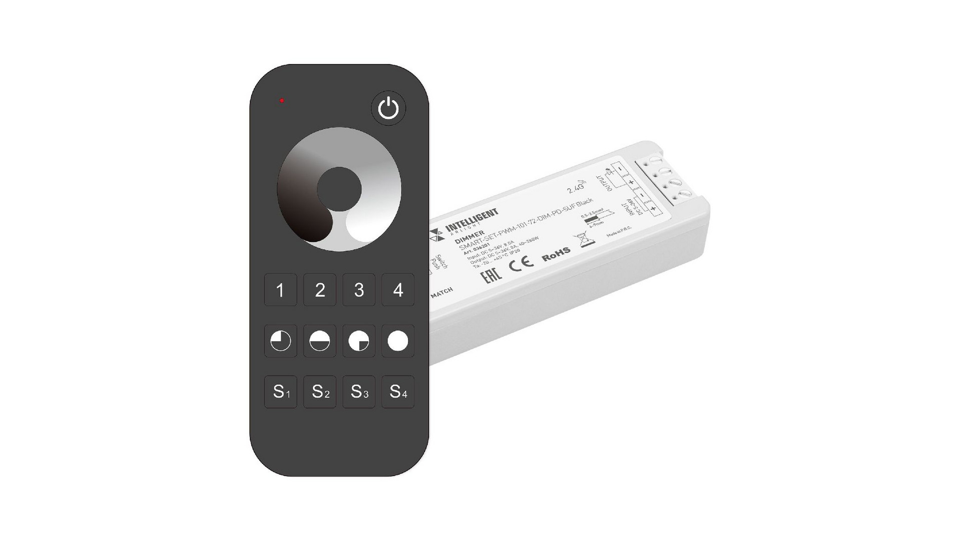 Диммер Arlight SMART-SET-PWM-101-72-DIM-PD-SUF Black (5-36V, 1x8A, x4, ПДУ 13кн, 2.4G) 036201