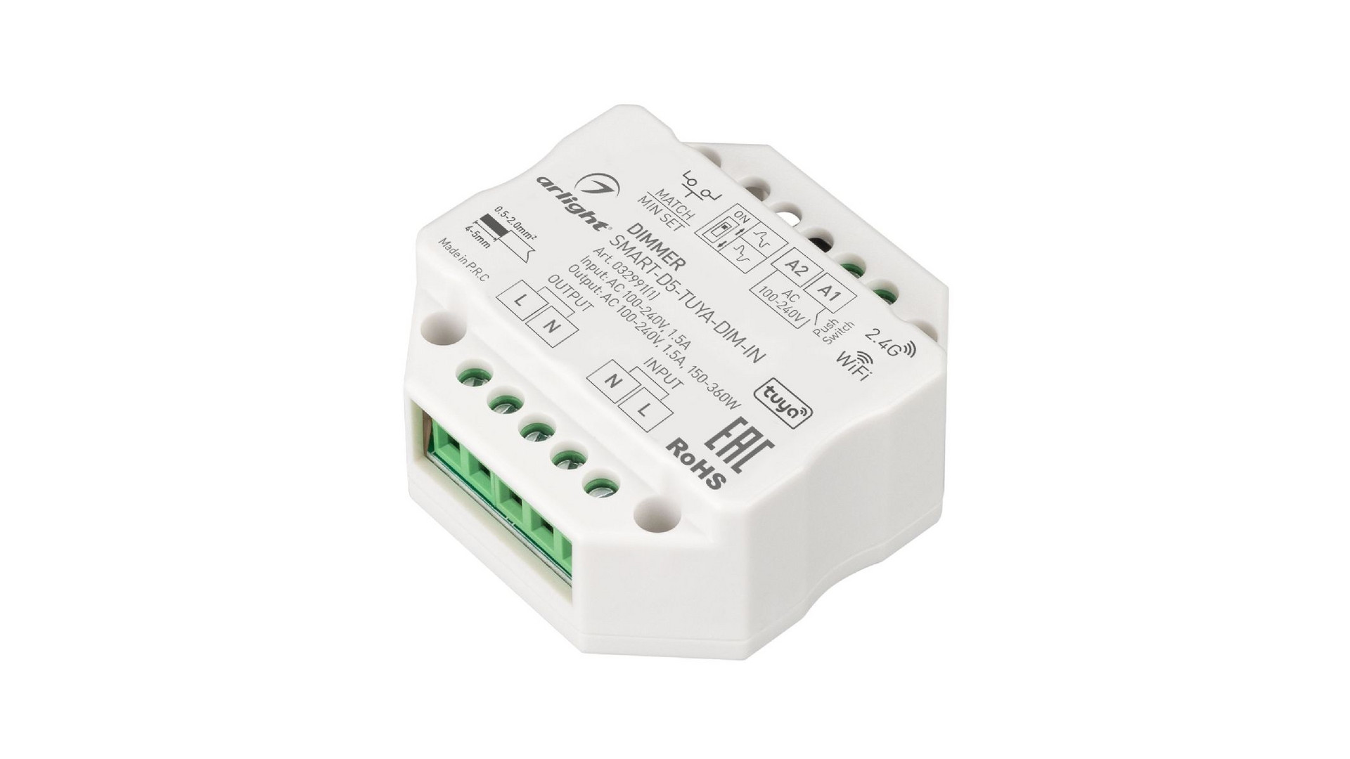 Диммер Arlight SMART-D5-TUYA-DIM-IN (230V, 1.5A, TRIAC, WiFi, 2.4G) 032991(1)