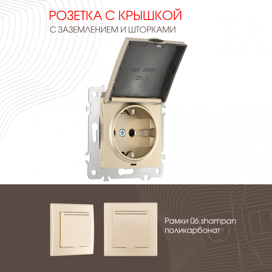 Розетка с заземлением, шторками и защитной крышкой Arte Milano 206.41-1.shampan