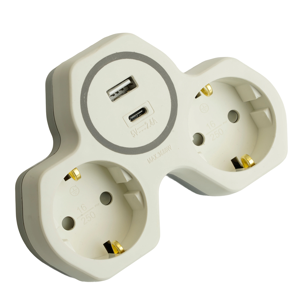 Разветвитель сетевой 2-местный с/з и USB+Type C Stekker ADP16-15-20 50071