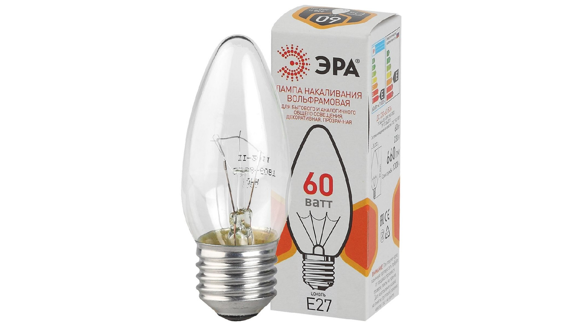 Лампа накаливания Эра E27 60W ДС 60-230-E27-CL Б0039130