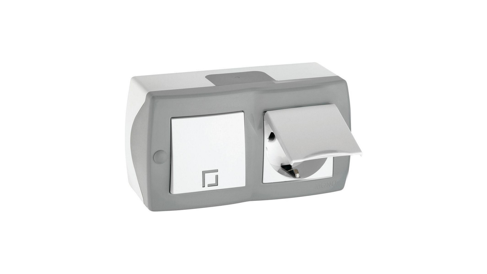 Выключатель одноклавишный + розетка с заземлением и крышкой Mono Electric Octans IP20 10А 250В бело-серый 104-020001-183