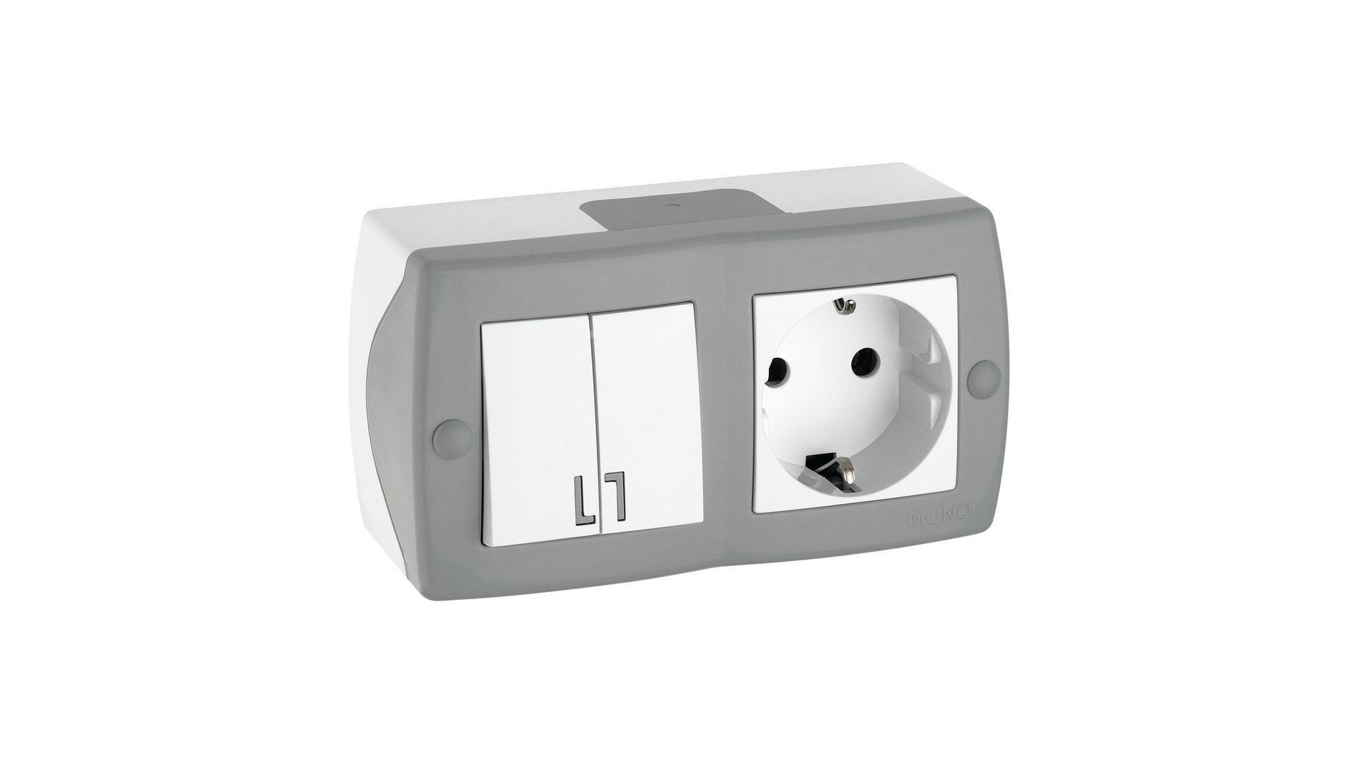 Выключатель двухклавишный + розетка с заземлением Mono Electric Octans IP20 10А 250В бело-серый 104-020001-181
