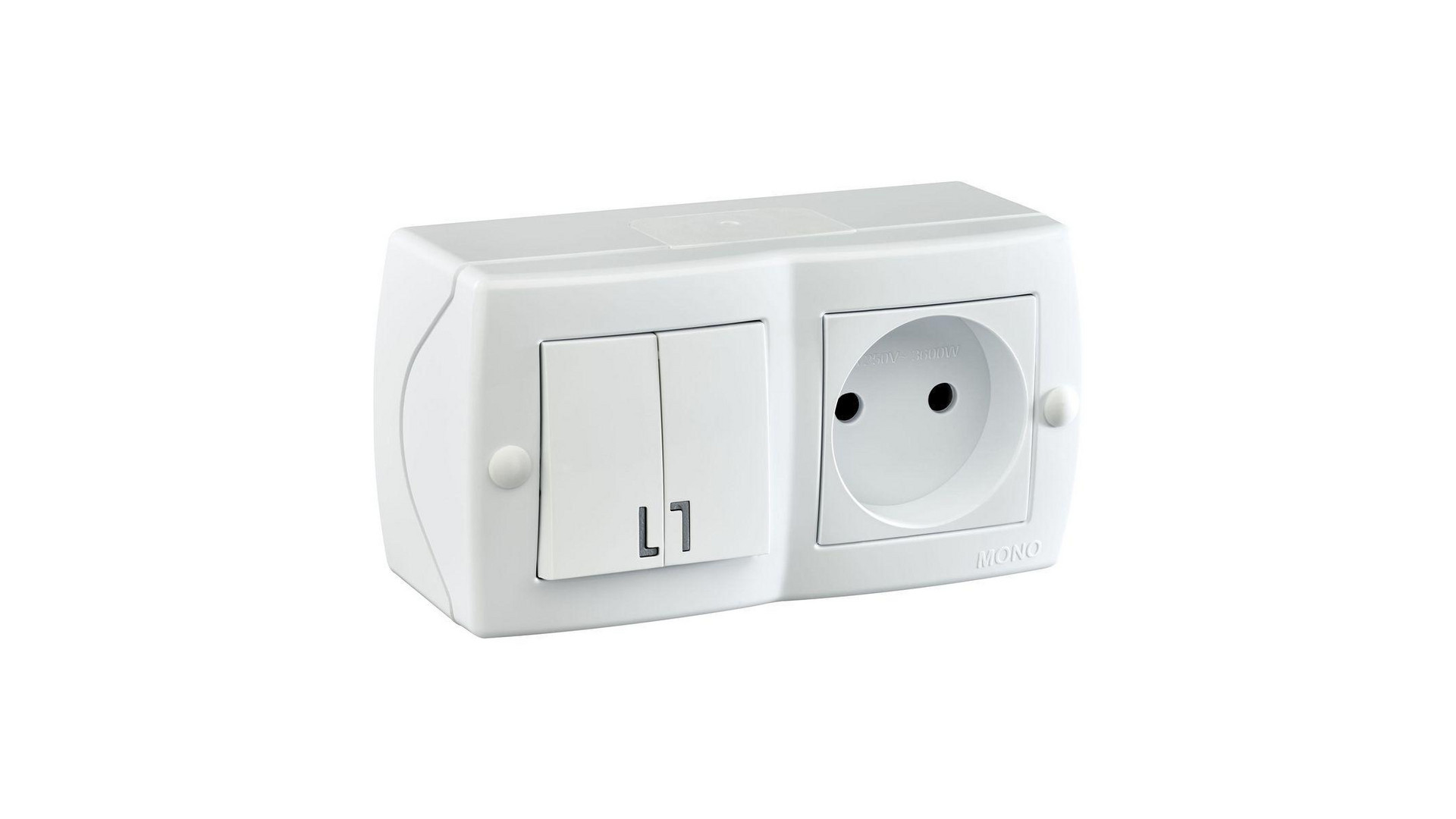 Выключатель двухклавишный + розетка без заземления Mono Electric Octans IP20 10А 250В белый 104-010101-182