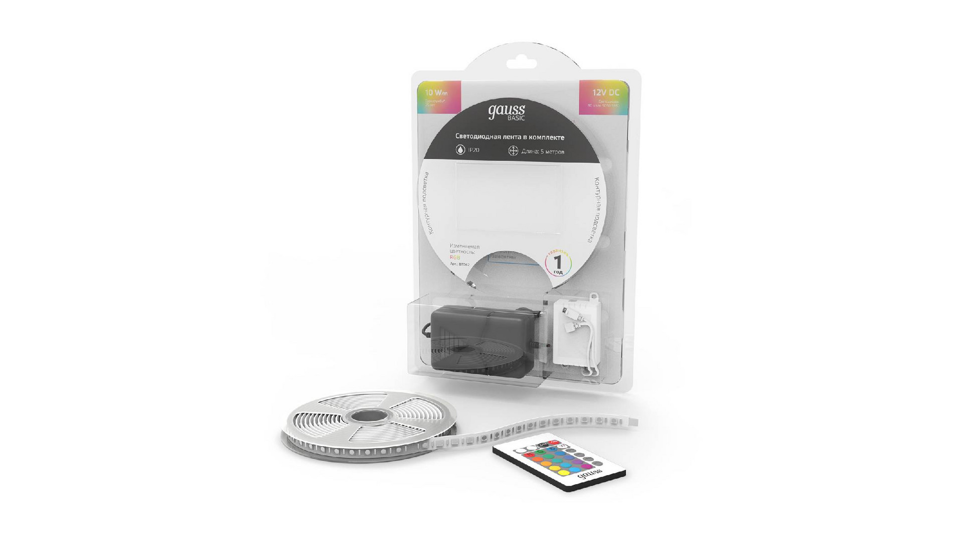 Светодиодная лента Gauss Basic 12В 5050 10Вт/м RGB 5м IP20 BT042